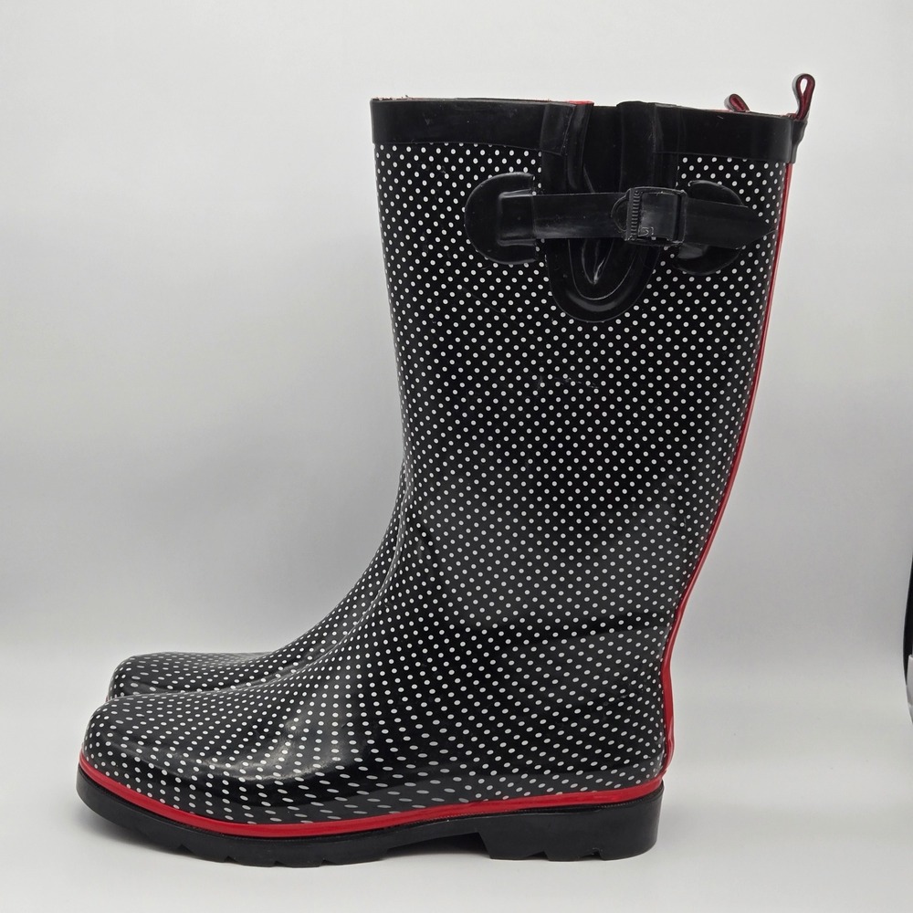 Capelli New York Rain Boots Women 10 Black Polka Dot Waterproof Rockabilly